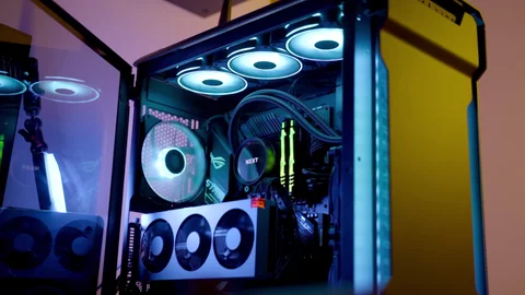 Assembled computer with visible CPU cooler, GPU, and motherboard